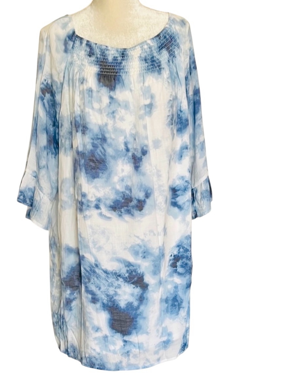 Zac & Rachel Blue White Tie Dye Shift Dress 1X 3/4 Sleeve Plus Size